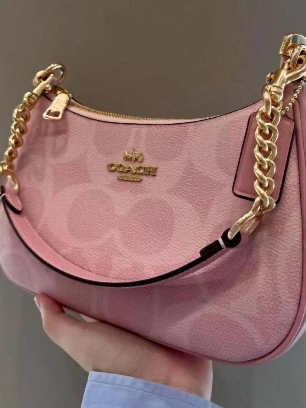Coach Pink Signature Crescent Shoulder Bag with Gold Chain